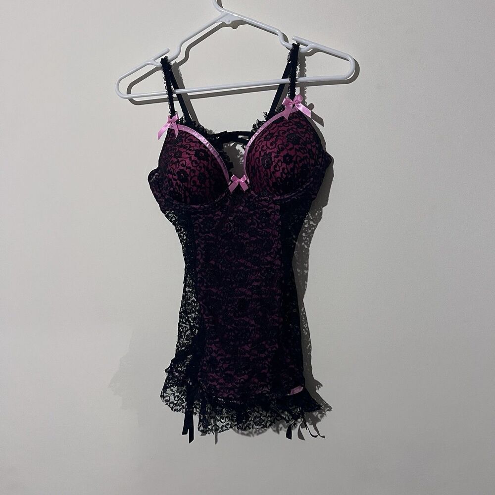 Victorias Secret Black & Pink Lace Babydoll Lingerie With Satin Bows 36C #8107